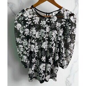 Wicked Majesty Shirt L Black Sheer Floral Embroidered Puff Sleeve Whimsy Goth